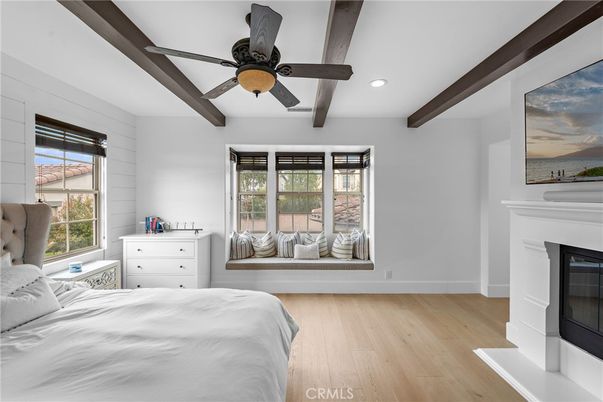 Bedroom, Fireplace, Interior, Recessed Lighting, Wooden Beams, Wood Texture Flooring