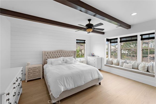 Bedroom, Interior, Recessed Lighting, Wooden Beams, Wood Texture Flooring
