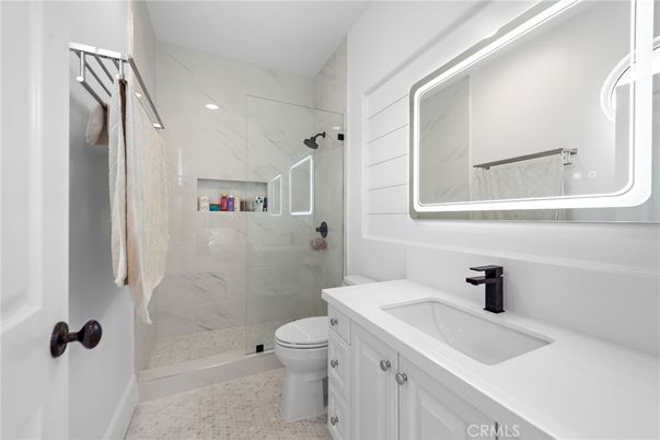 Bathroom, Glass Shower, Interior, Marble Walls, Recessed Lighting