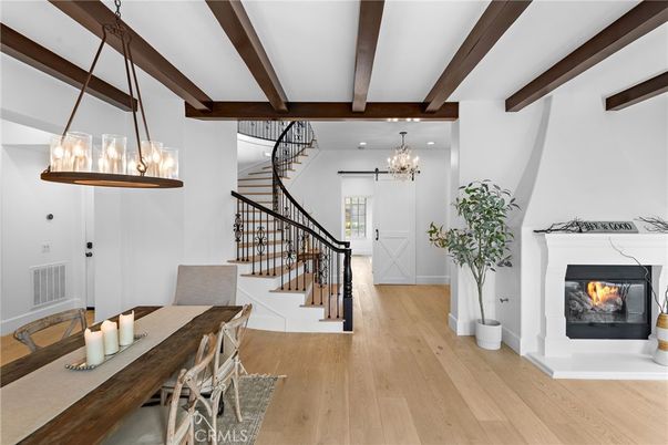Chandelier, Dining room, Fireplace, Interior, Pendant Lights, Wooden Beams, Wood Texture Flooring