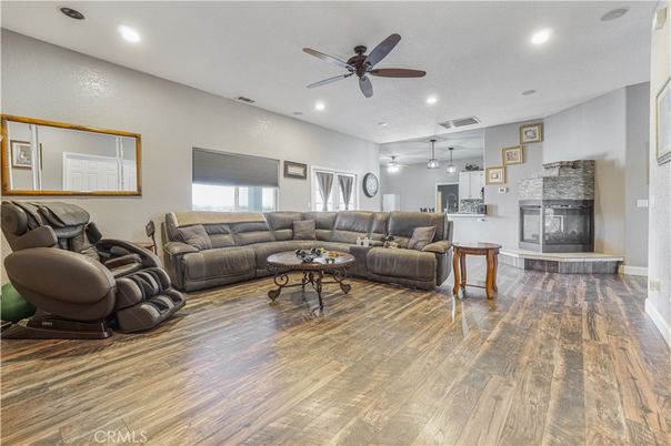 Fireplace, Interior, Living room, Pendant Lights, Recessed Lighting, Wood Texture Flooring