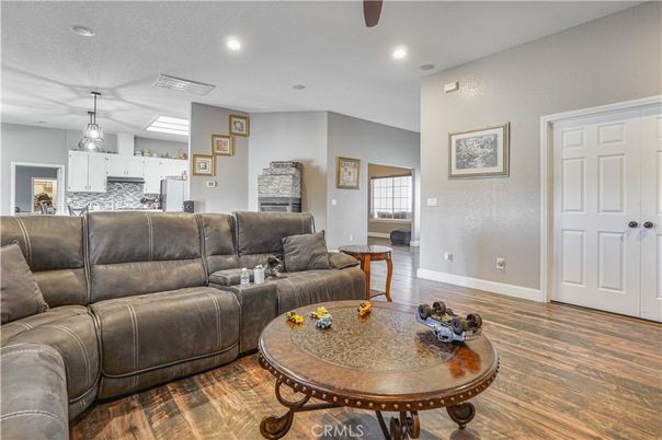 Fireplace, Interior, Kitchen, Living room, Pendant Lights, Recessed Lighting, Wood Texture Flooring