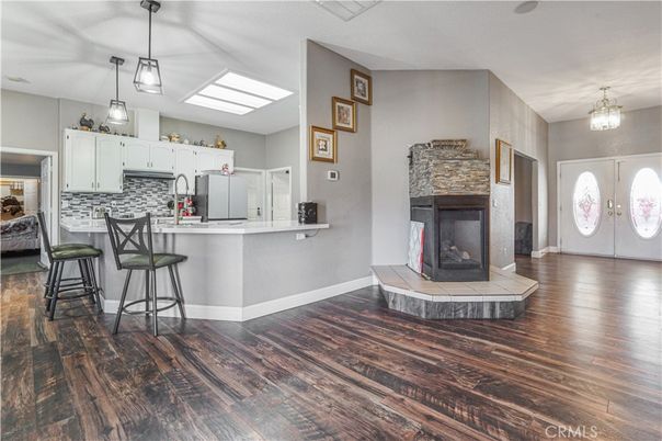 Fireplace, Interior, Kitchen, Pendant Lights, Wood Texture Flooring