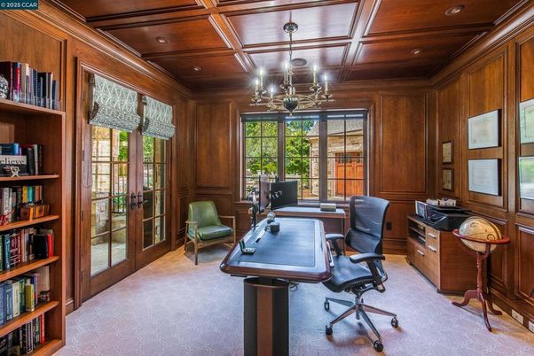 Chandelier, Home Office, Interior, Recessed Lighting, Wooden Beams, Wooden Ceilings, Wooden Walls