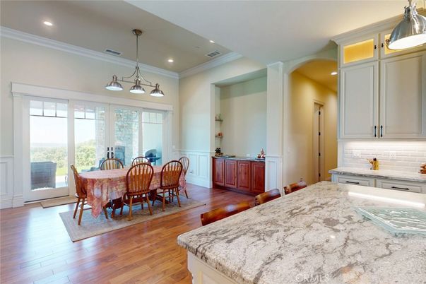 Dining room, Interior, Pendant Lights, Recessed Lighting, Wood Texture Flooring
