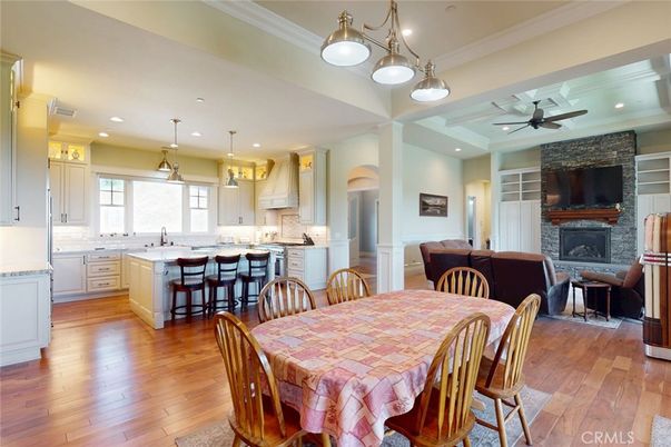 Dining room, Fireplace, Interior, Kitchen, Pendant Lights, Recessed Lighting, Stone Walls, Wood Texture Flooring