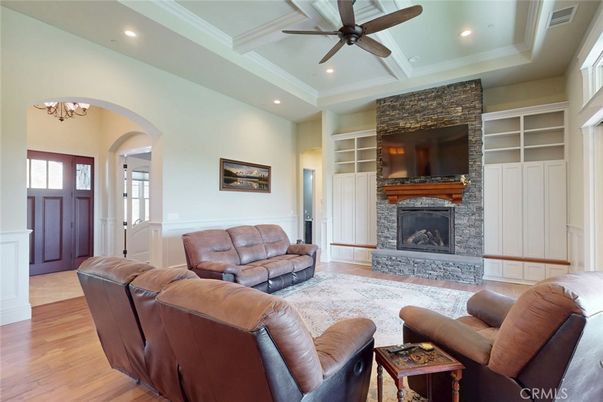 Chandelier, Fireplace, Interior, Living room, Recessed Lighting, Wood Texture Flooring