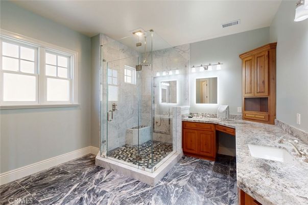 Bathroom, Dual Sink Vanities, Glass Shower, Interior, Marble, Marble Walls