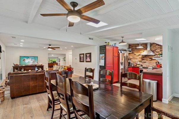 Dining room, Interior, Kitchen, Pendant Lights, Recessed Lighting, Stainless Steel Appliances, Stone Walls, Wood Texture Flooring