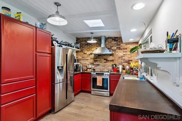 Interior, Kitchen, Recessed Lighting, Stainless Steel Appliances, Stone Walls, Wood Texture Flooring