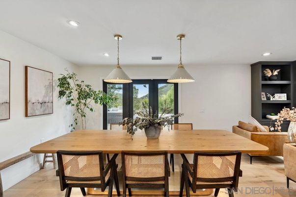 Dining room, Interior, Pendant Lights, Recessed Lighting, Wood Texture Flooring