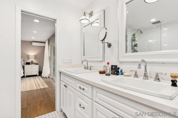 Bathroom, Dual Sink Vanities, Interior, Recessed Lighting, Wood Texture Flooring