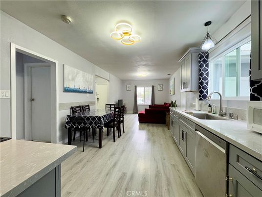 Dining room, Interior, Kitchen, Living room, Pendant Lights, Wood Texture Flooring