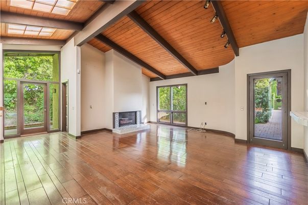 Empty room, Fireplace, Interior, Wooden Beams, Wooden Ceilings, Wood Texture Flooring