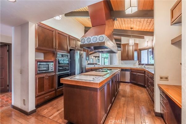 Interior, Kitchen, Pendant Lights, Stainless Steel Appliances, Wooden Ceilings, Wood Texture Flooring