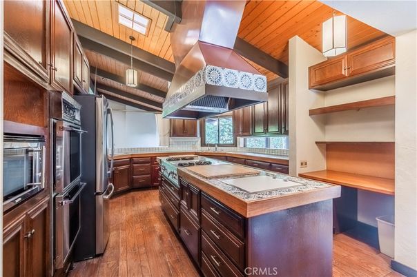 Interior, Kitchen, Pendant Lights, Tile Countertops, Wooden Beams, Wooden Ceilings, Wood Texture Flooring