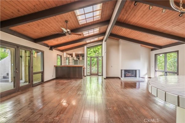 Empty room, Fireplace, Interior, Wooden Beams, Wooden Ceilings, Wood Texture Flooring