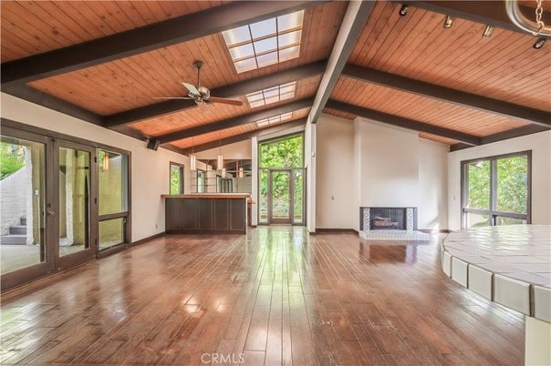 Empty room, Fireplace, Interior, Wooden Beams, Wooden Ceilings, Wood Texture Flooring