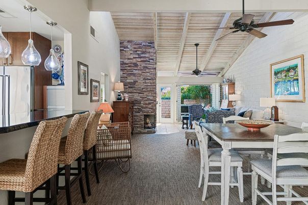 Dining room, Fireplace, Interior, Living room, Pendant Lights, Stone Walls, Wooden Ceilings