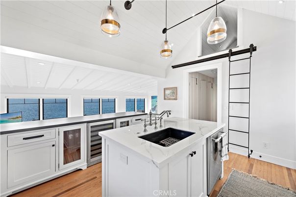 Interior, Kitchen, Pendant Lights, Recessed Lighting, Water, Wood Texture Flooring