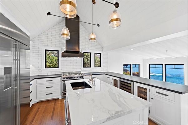 Interior, Kitchen, Pendant Lights, Stainless Steel Appliances, Water, Wood Texture Flooring