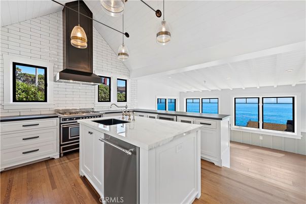 Interior, Kitchen, Pendant Lights, Recessed Lighting, Stainless Steel Appliances, Water, Wood Texture Flooring
