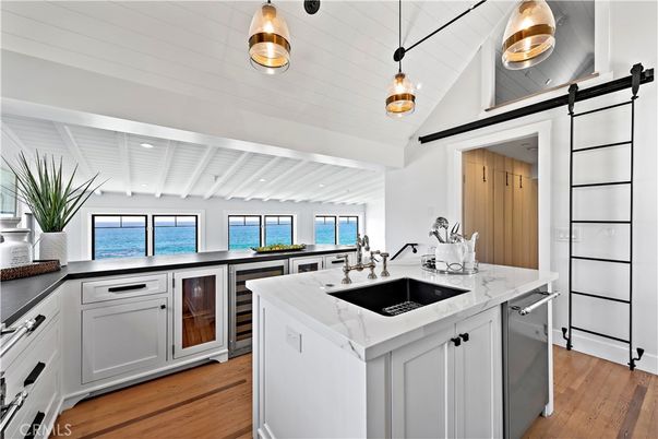 Interior, Kitchen, Pendant Lights, Recessed Lighting, Water, Wood Texture Flooring