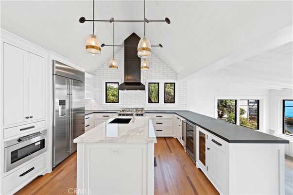Interior, Kitchen, Pendant Lights, Stainless Steel Appliances, Wood Texture Flooring