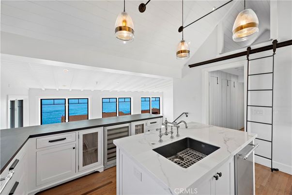 Interior, Kitchen, Pendant Lights, Recessed Lighting, Water, Wood Texture Flooring
