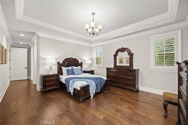Bedroom, Chandelier, Interior, Recessed Lighting, Wood Texture Flooring