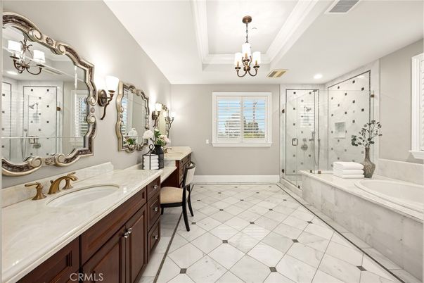 Bathroom, Chandelier, Dual Sink Vanities, Glass Shower, Interior, Recessed Lighting