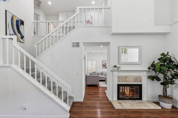 Fireplace, Interior, Recessed Lighting, Wood Texture Flooring