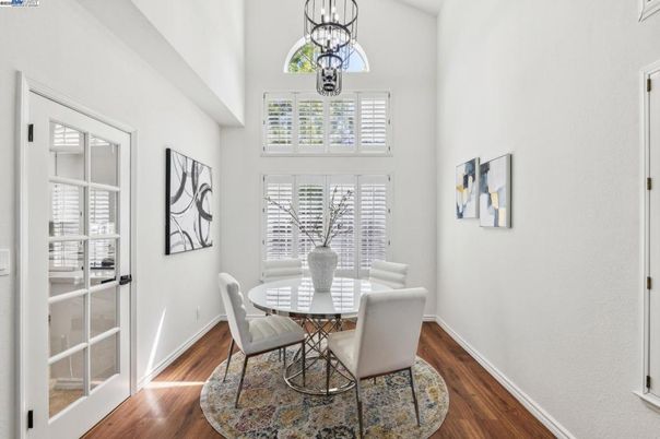 Dining room, Interior, Pendant Lights, Wood Texture Flooring
