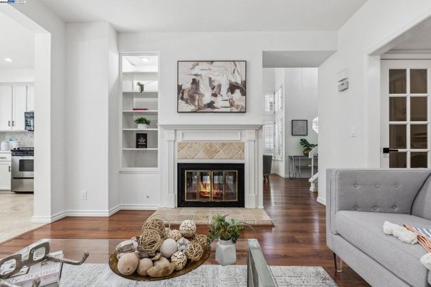Fireplace, Interior, Kitchen, Living room, Recessed Lighting, Wood Texture Flooring