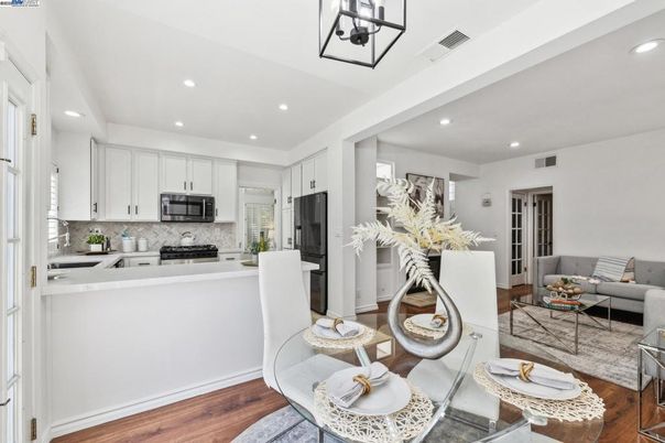 Interior, Kitchen, Living room, Recessed Lighting, Stainless Steel Appliances, Wood Texture Flooring