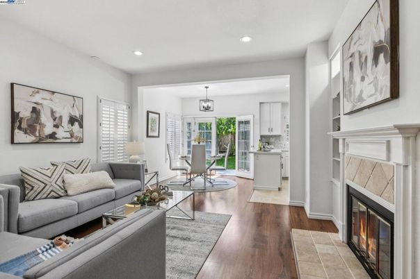 Dining room, Fireplace, Interior, Kitchen, Living room, Pendant Lights, Recessed Lighting, Wood Texture Flooring