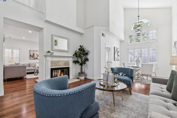 Dining room, Fireplace, Interior, Living room, Pendant Lights, Recessed Lighting, Wood Texture Flooring