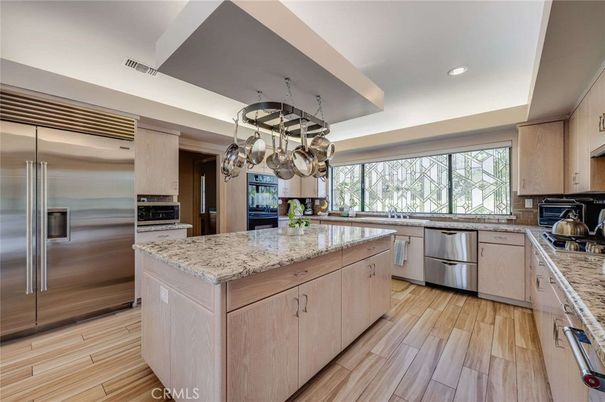 Chandelier, Interior, Kitchen, Recessed Lighting, Stainless Steel Appliances, Wood Texture Flooring