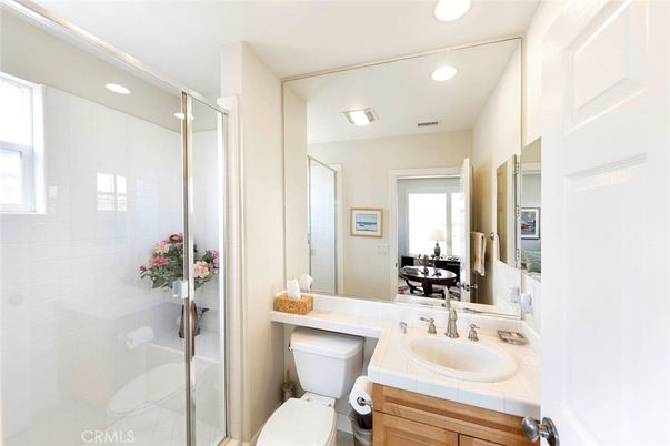 Bathroom, Glass Shower, Interior, Recessed Lighting, Tile Countertops