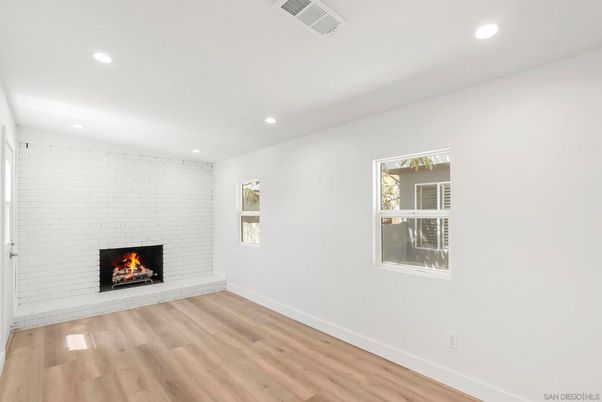 Empty room, Fireplace, Interior, Recessed Lighting, Wood Texture Flooring