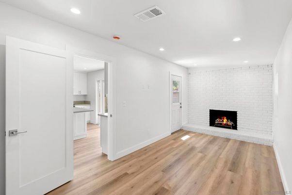 Empty room, Fireplace, Interior, Recessed Lighting, Wood Texture Flooring