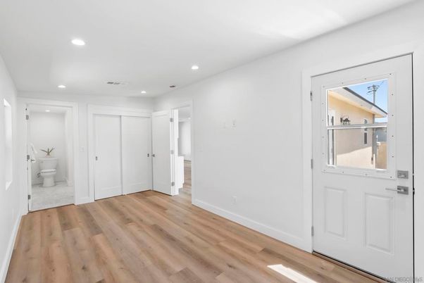 Bathroom, Empty room, Interior, Recessed Lighting, Wood Texture Flooring