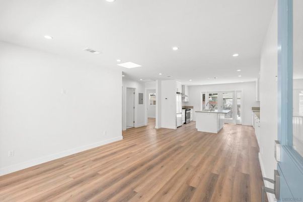 Empty room, Interior, Kitchen, Recessed Lighting, Wood Texture Flooring