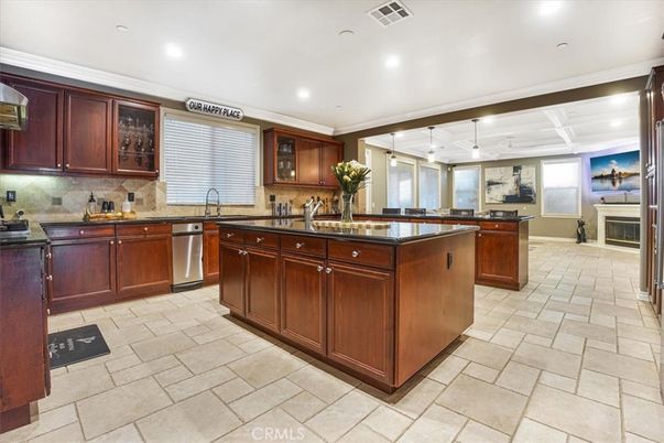 Fireplace, Interior, Kitchen, Recessed Lighting, Stainless Steel Appliances