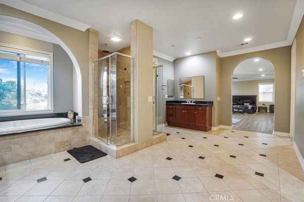 Bathroom, Glass Shower, Interior, Recessed Lighting, Wood Texture Flooring