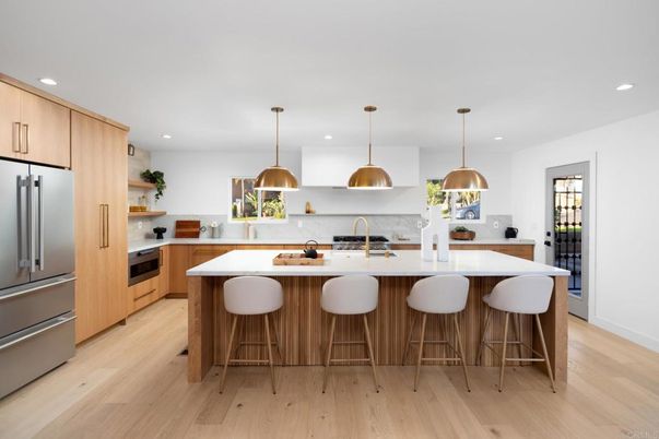 Interior, Kitchen, Pendant Lights, Recessed Lighting, Stainless Steel Appliances, Wood Texture Flooring