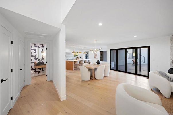 Dining room, Interior, Kitchen, Pendant Lights, Recessed Lighting, Wood Texture Flooring