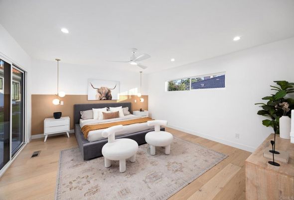 Bedroom, Interior, Pendant Lights, Recessed Lighting, Wood Texture Flooring