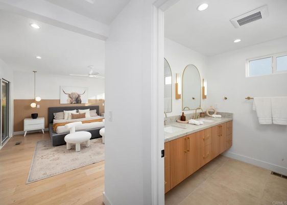 Bathroom, Bedroom, Dual Sink Vanities, Interior, Recessed Lighting, Wood Texture Flooring