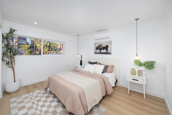 Bedroom, Interior, Pendant Lights, Recessed Lighting, Wood Texture Flooring